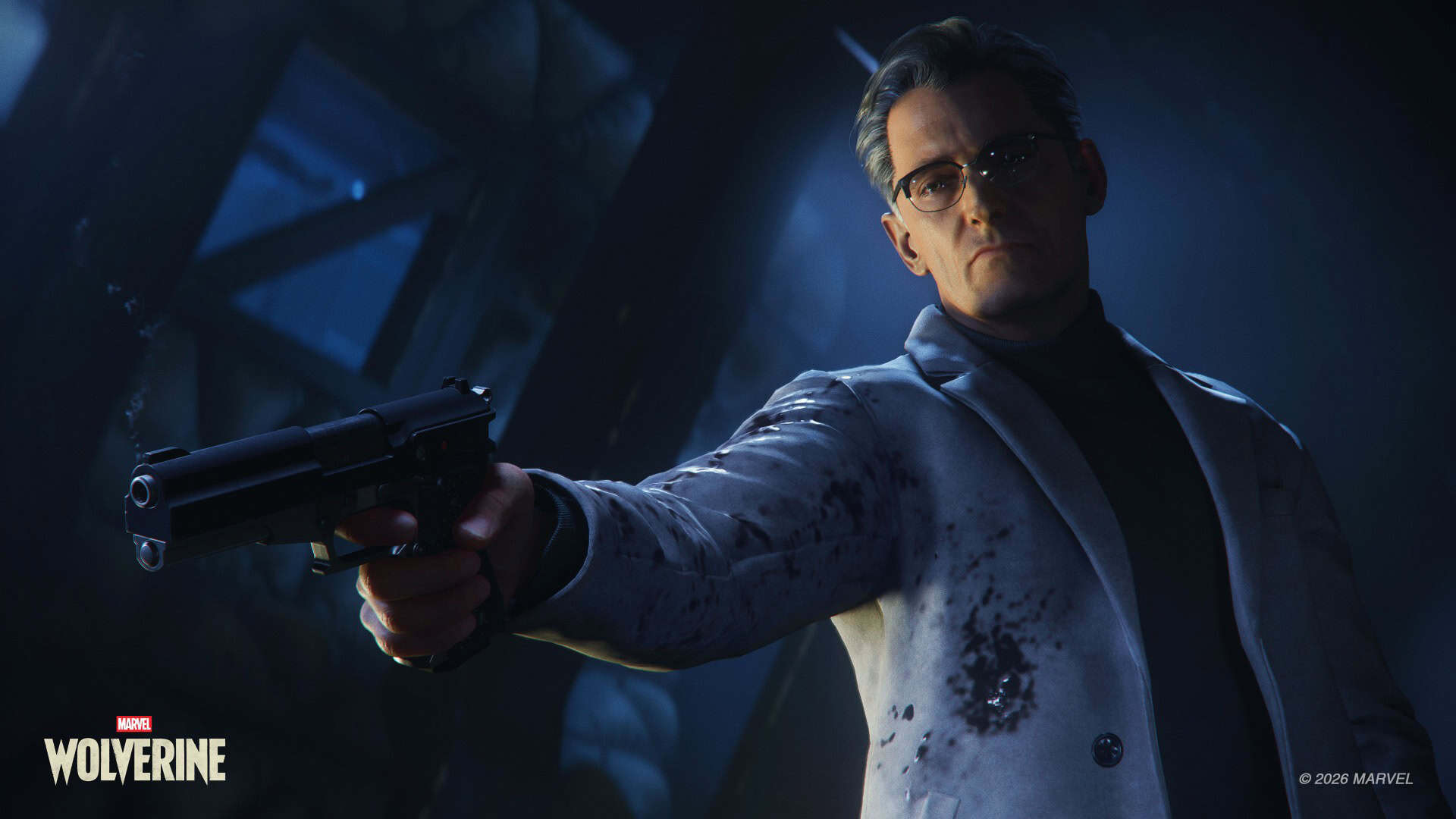 Trask from Marvel's Wolverine in a light coat points a pistol toward someone in a dark blue, moody scene, with bloodstains on his sleeve.