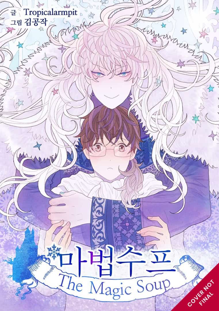 Magic Soup | The Outerhaven Cover art for The Magic Soup: a tall, pale-haired figure wraps their arms around a shorter, glasses-wearing person, set against a lavender, starry background.