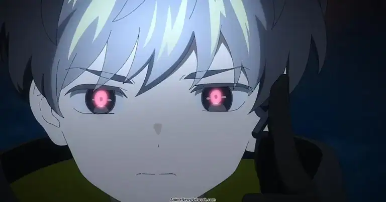 Mebius dust | The Outerhaven Close-up of a pale anime boy with glowing pink eyes and a serious expression, a dark gloved hand near his face.