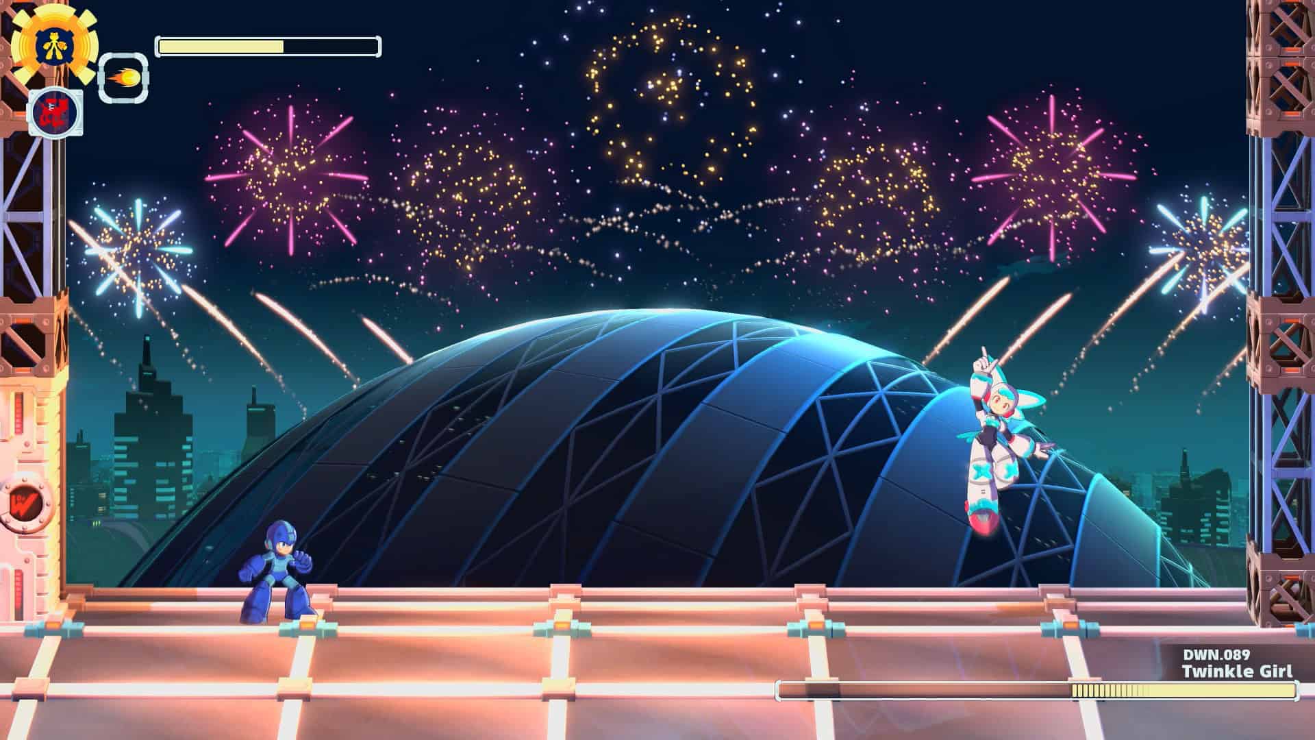 Mega Man Dual Override - TwinkleGirl Boss Fight-02 | The Outerhaven Two armored characters stand on a platform in front of a glass dome stadium as colorful fireworks light the night sky above a futuristic city.