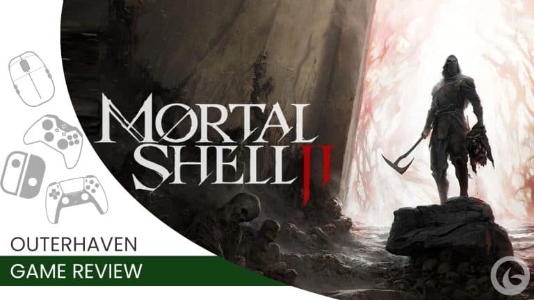 Mortal Shell Review Featured Image | The Outerhaven Mortal Shell II game cover showing a hooded armored warrior on rocks, with OuterHaven Game Review text in the banner.