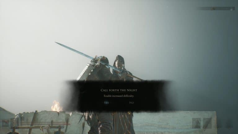 Two armored knights stand close, swords drawn; a dark game menu at the bottom reads “Call forth the Night” with Yes/No options.