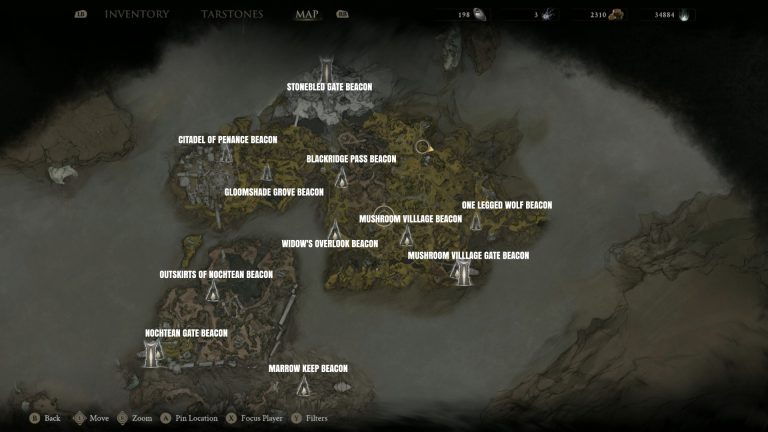In-game island map with white beacon labels like Stonebled Gate, Citadel of Penance, Mushroom Village, and Nocthean Gate Beacon