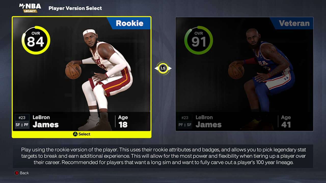 NBA 2K27 MYNBA Legacy | The Outerhaven Two basketball player cards on a character select screen: left is rookie LeBron James (OVR 84, age 18) with a yellow border; right is veteran LeBron James (OVR 91, age 41) in a dark card.