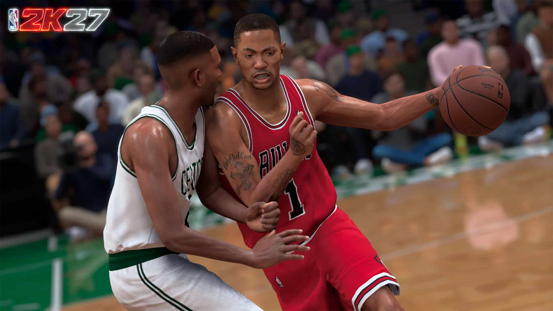 NBA 2K27 MyCAREER Eras | The Outerhaven Intense in-game moment: Chicago Bulls player in red drives with the ball as a Celtics defender in white guards him on a packed court.