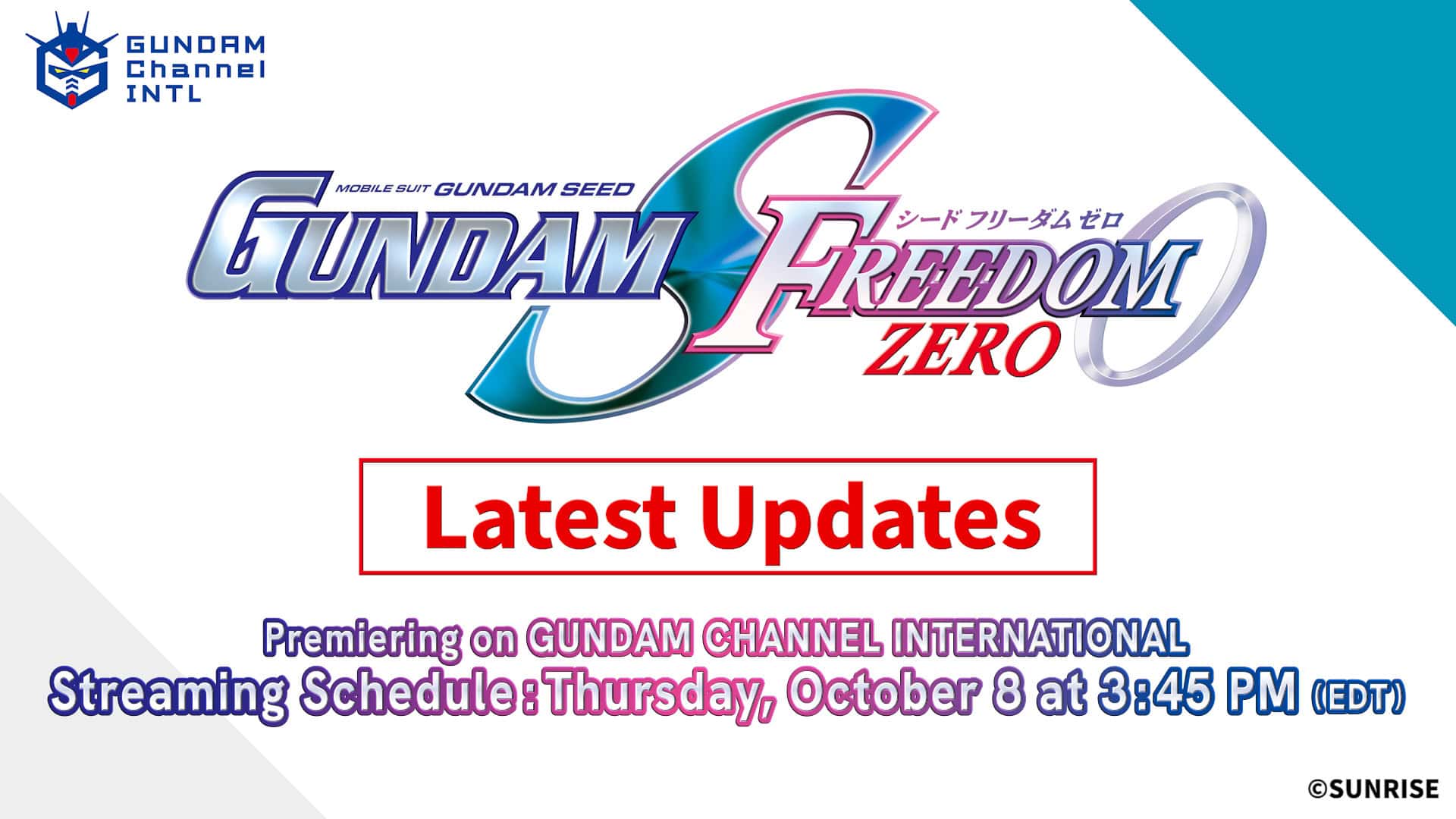 NYCC 2026 GUNDAM CHANNEL INTL | The Outerhaven Gundam Channel Intl header with the 'Gundam Freedom Zero' logo and a red-outlined 'Latest Updates' banner.