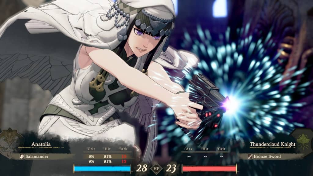 NintendoSwitch2_FEFW_Scrn_21 | The Outerhaven Anatolia using her gauntlets like a firearm in Fire Emblem: Fortune's Weave