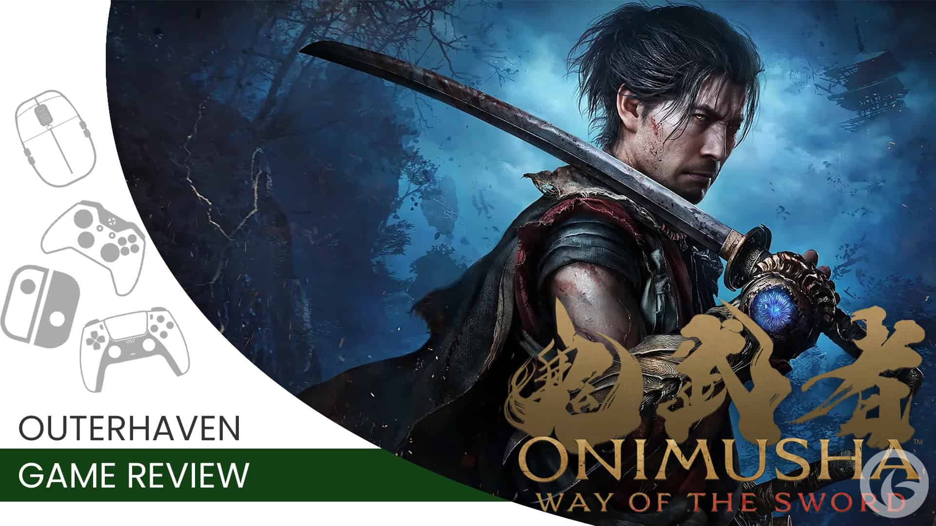 Onimusha-Way-of-the-Sword-Featured-Image-Review | The Outerhaven Promotional game banner showing a warrior with a bloodied sword against a blue, smoky background, likely for a review article titled 'Outerhaven Game Review'.