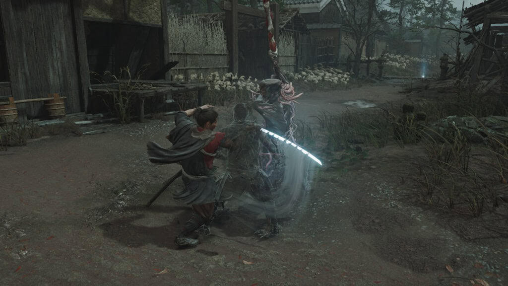 Onimusha_WS_SS_12_-_Reflex_Combo Two armored fighters duel in a muddy village street, a bright glowing sword flashing between them in the air.