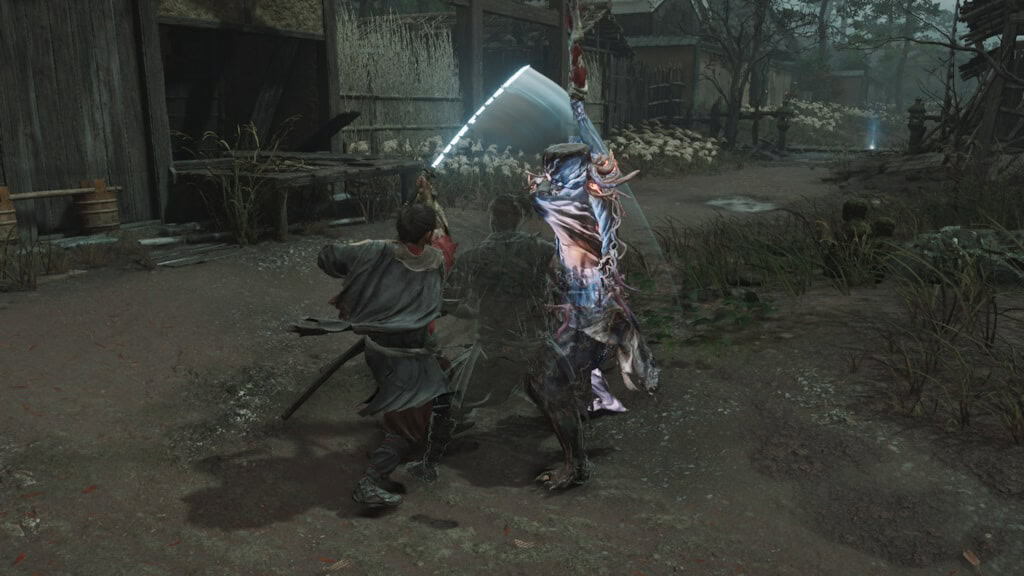 Onimusha_WS_SS_13_-_Reflex_Combo A dark outdoor village scene with a warrior lunging at a ghostly armored foe wielding a large glowing blade nearby a wooden hut creature attacking.