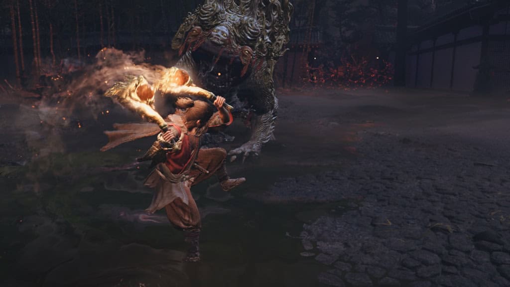 Onimusha_WotS_SS_-_Oni_Armaments Warrior fighting a dragon-like monster in a dark, cobblestone arena with sparks and flames flying from the attack.