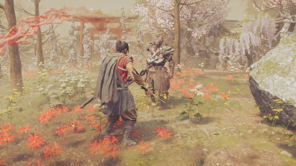 Onimusha_WotS_SS_-_Rasho-gan Two warriors facing off with swords in a sunlit garden filled with red flowers and blooming trees behind them.