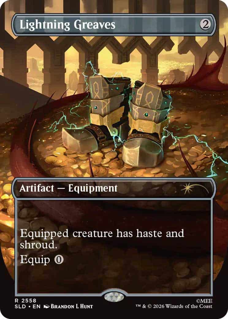 PTsmVA4DLs | The Outerhaven Lightning Greaves artifact—Equipment card that grants haste and shroud to the equipped creature, shown over a treasure-filled battlefield.