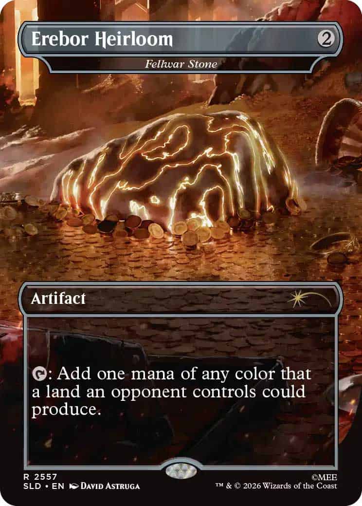 QyZcWJHvmF | The Outerhaven Magic: The Gathering artifact card Erebor Heirloom featuring a glowing molten treasure; its ability adds one mana of any color a foe's land could produce.