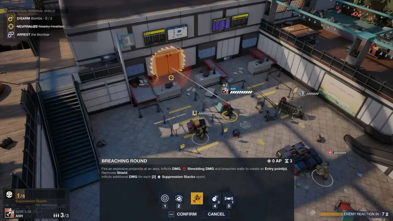 R6T Breach | The Outerhaven Top-down view of a sci-fi terminal area with three soldiers breaching an orange-glowing door and preparing suppressive fire around desks and barriers.