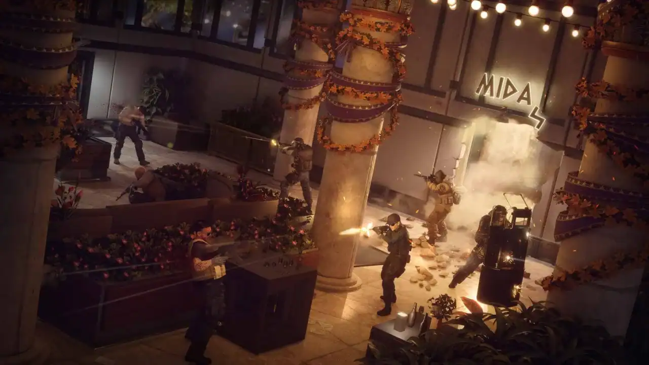 R6T Cinamatic | The Outerhaven Indoor atrium battle: soldiers in tactical gear fire guns amid columns wrapped in garlands and string lights, with smoke and debris.