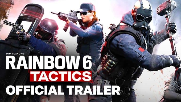 R6T FI | The Outerhaven Rainbow Six Tactics official trailer poster showing three armed operators in action in tactical gear.