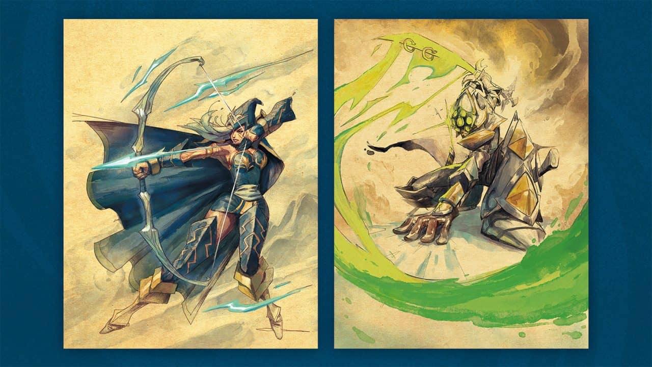 RFB_SOTG2026_AsheYi Pair of fantasy illustrations: left panel shows an armored female archer drawing a glowing blue bow; right panel features a jagged stone golem with green energy.
