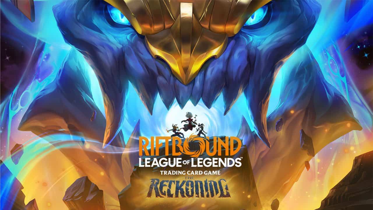 RFB_SOTG2026_Header_Set7KV | The Outerhaven Epic fantasy cover: a massive blue dragon looms over a small group of heroes; title reads'Riftbound League of Legends' and 'The Reckoning'.