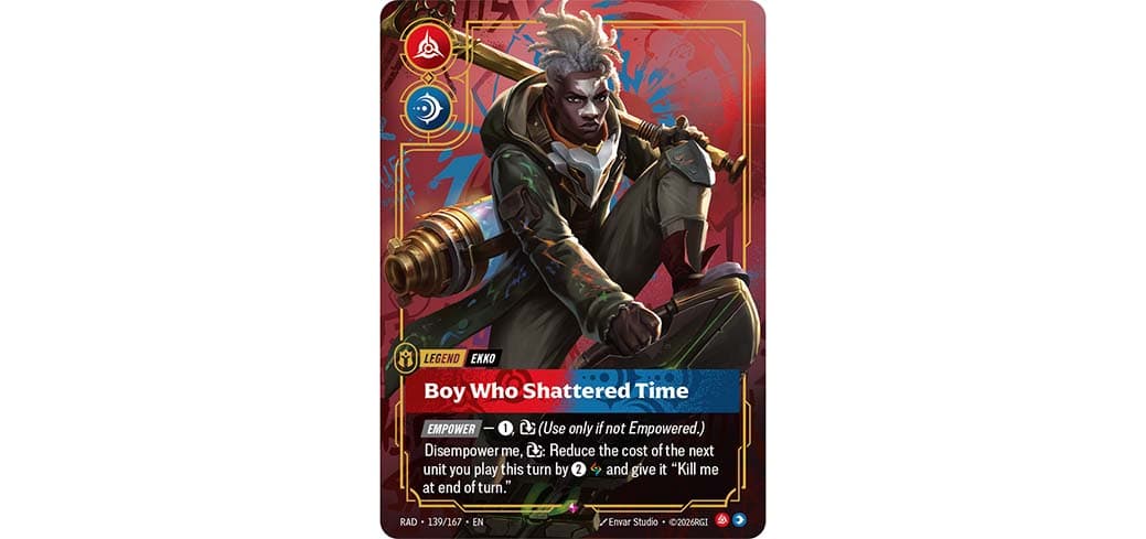 RFB_SOTG2026_InArticle_Ekko | The Outerhaven Trading card titled'Boy Who Shattered Time' showing a crouching male fighter with a large cannon over his shoulder.