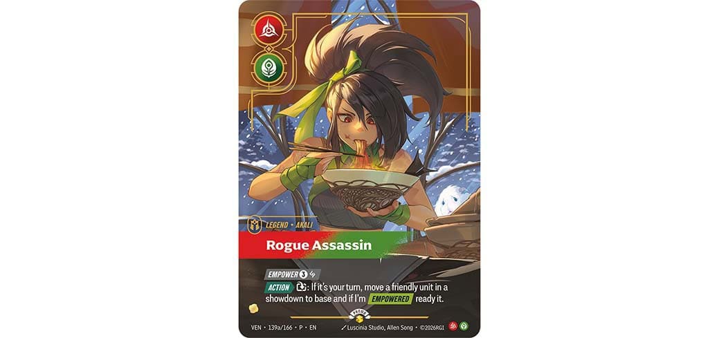 RFB_SOTG2026_InArticle_GOFTRAkali | The Outerhaven Illustrated game card: Rogue Assassin, a female character eating noodles from a bowl with a dramatic backdrop and game icons around the frame.