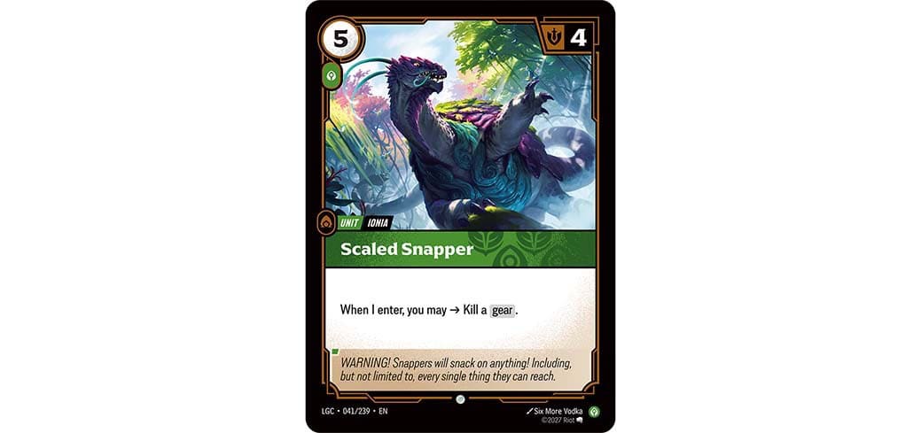 RFB_SOTG2026_InArticle_ScaledSnapper | The Outerhaven Fantasy trading card image: Scaled Snapper, a dragon-like creature in a jungle setting; cost 5, power 4, with the card frame and green banner. Text reads: 'When I enter, you may → Kill a gear.'