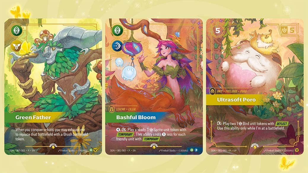 RFB_SOTG2026_InArticle_SecretGarden | The Outerhaven Three collectible game cards displayed side by side: Green Father, Bashful Bloom, and Ultrasoft Poro, each with fantasy artwork and captions.