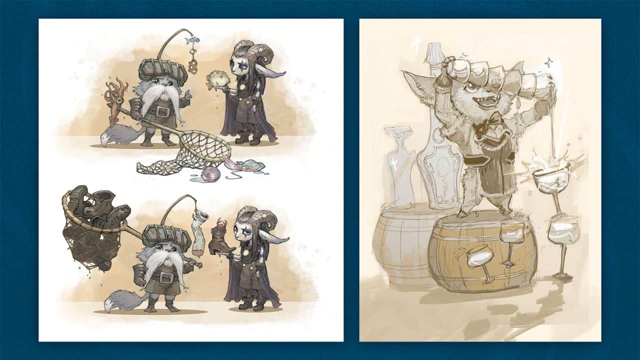 RFB_SOTG2026_Set8Concept01 Two fantasy scenes: left shows a bearded dwarf and horned ally trading sea creatures beside a net; right shows a horned bartender on a barrel pouring drinks.