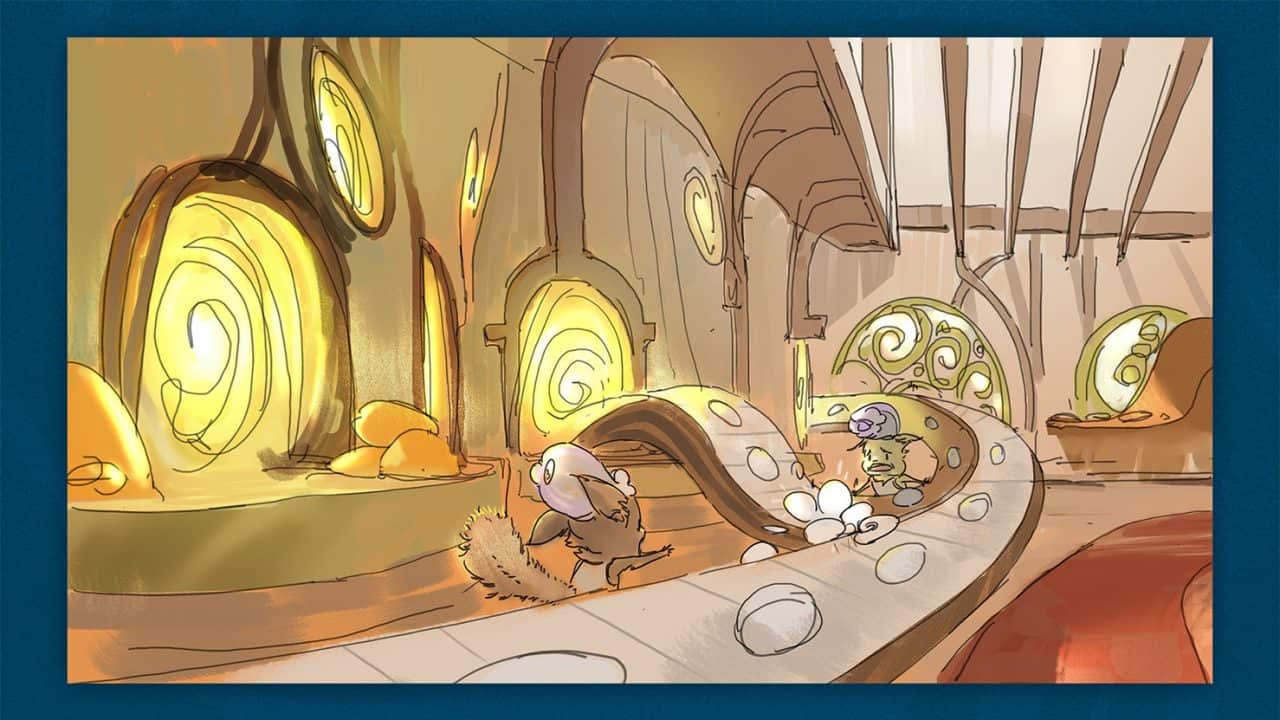 RFB_SOTG2026_Set8Concept02 Whimsical warm-lit fantasy workshop with glowing arches; small animals wheel eggs along a curved conveyor.