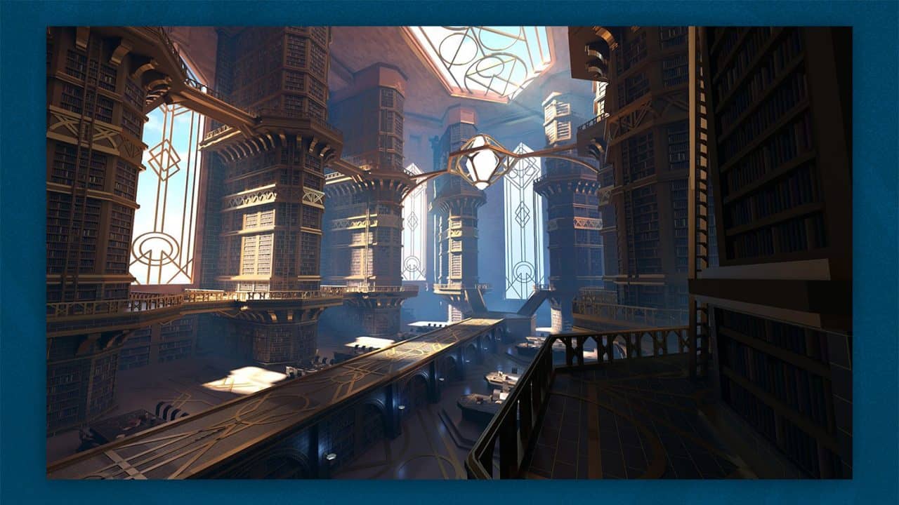 RFB_SOTG2026_Set9Concept01 A futuristic library atrium with towering ornate pillars, elevated walkways, and glowing geometric arches.
