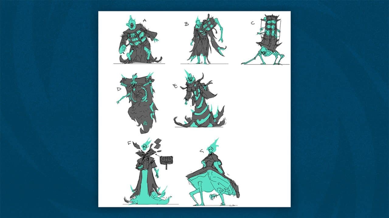 RFB_SOTG2026_Set9Concept02 Concept art sheet of seven armored figures (A–G) on a white page, black armor with teal accents in various poses and outfits.