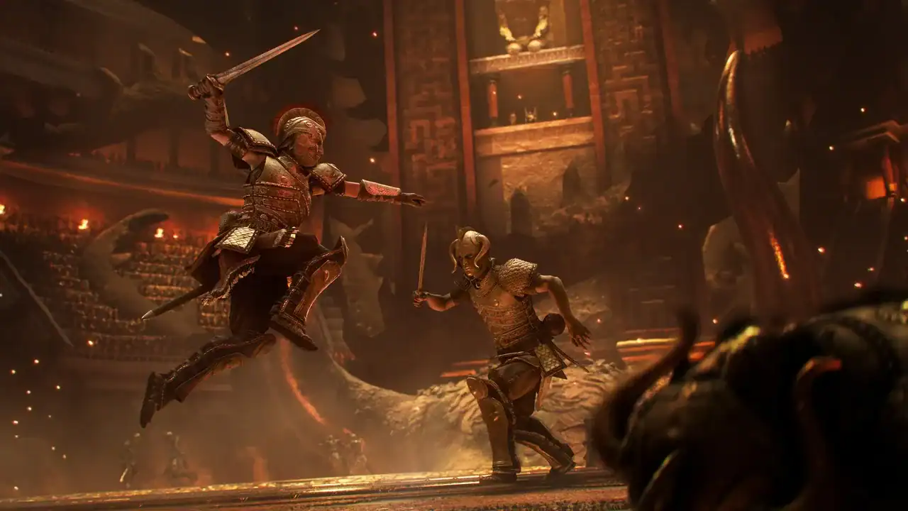 Resonance-A-Plague-Tale-Legacy-screenshot03 | The Outerhaven Two armored warriors duel in a fiery arena; one leaps with a raised sword toward the other.