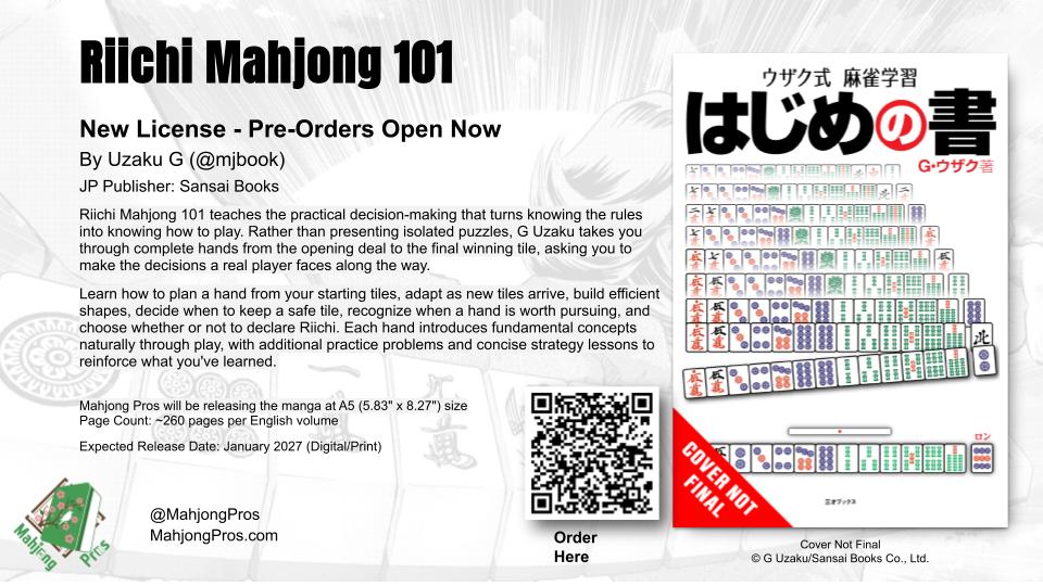 Riichi Mahjong 101 promotional banner with release info, author Uzaku G, Sansai Books, and a QR code for ordering (left side).