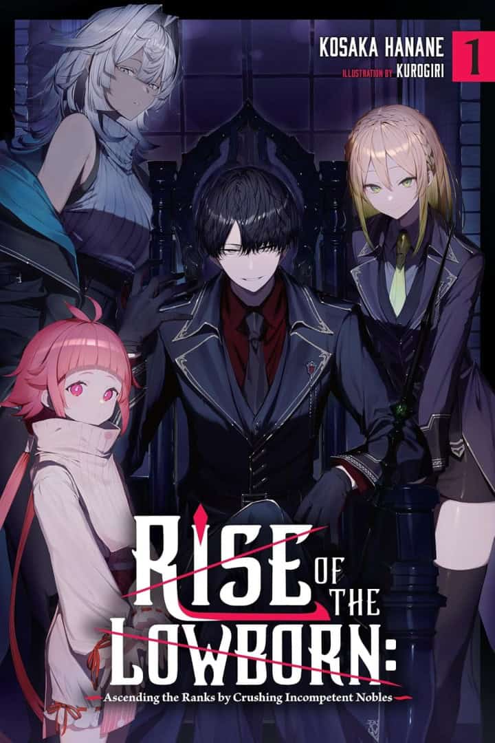 Rise of the Lowborn | The Outerhaven Manga cover with four characters in dark outfits and the title 'Rise of the Lowborn: Ascending the Ranks by Crushing Incompetent Nobles' (Volume 1).