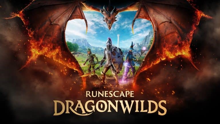Promotional art for Runescape Dragon Wilds showing a fiery dragon frame around adventurers and the game title.