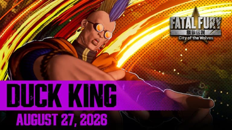 S3_cover_DUCK_en | The Outerhaven Punk fighter with a purple mohawk and orange sunglasses charges forward in a neon comic-style background for Fatal Fury: City of the Wolves.