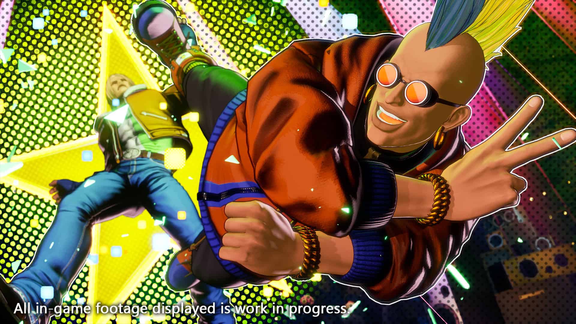 SS_開発中キャプション_duck5 | The Outerhaven Vibrant, stylized action scene of two characters leaping toward the viewer in a neon arcade environment with confetti and bright colors (video game art).