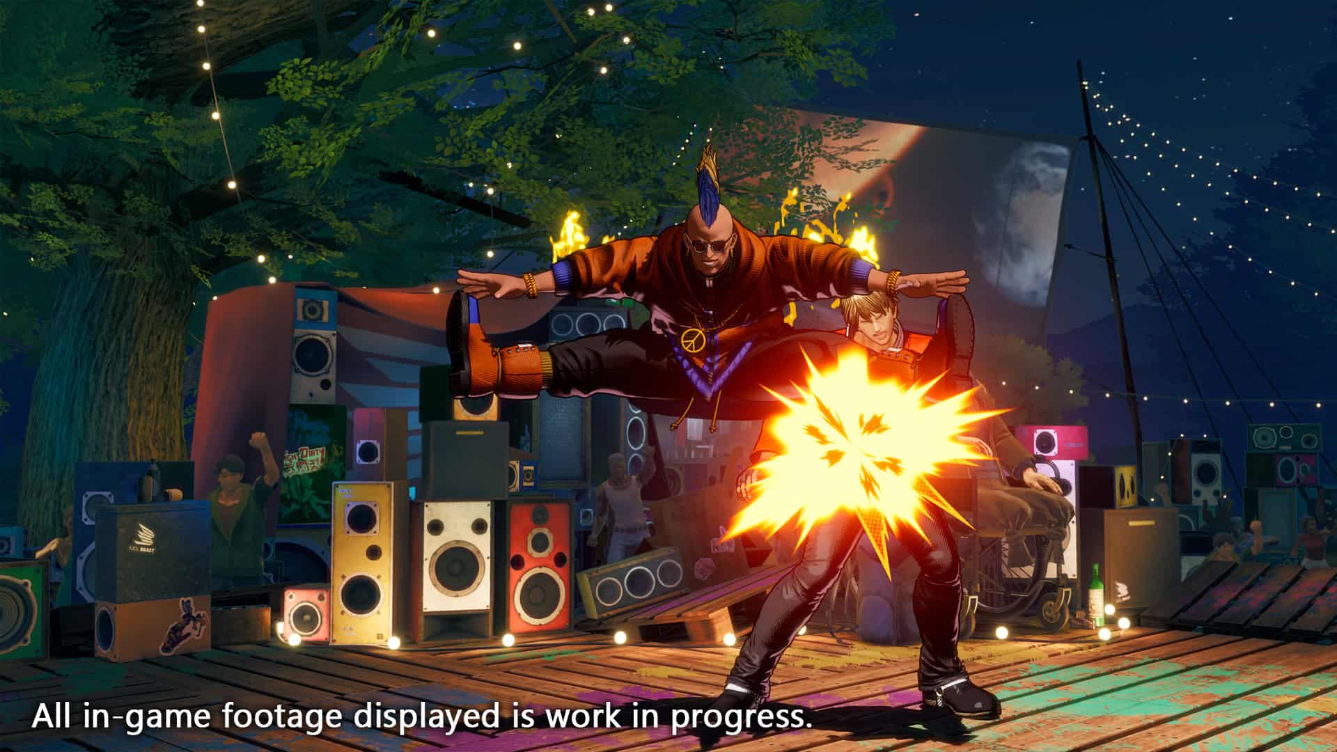 SS_開発中キャプション_duck8 | The Outerhaven Two characters perform a high-flying kick on a crowded outdoor stage with speakers and string lights at night, conveying action and energy.