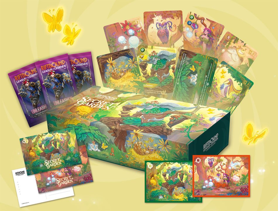SecretGardenProducts | The Outerhaven Colorful board game box with a lush garden theme and a fan of illustrated cards, set on a yellow background with yellow butterflies.