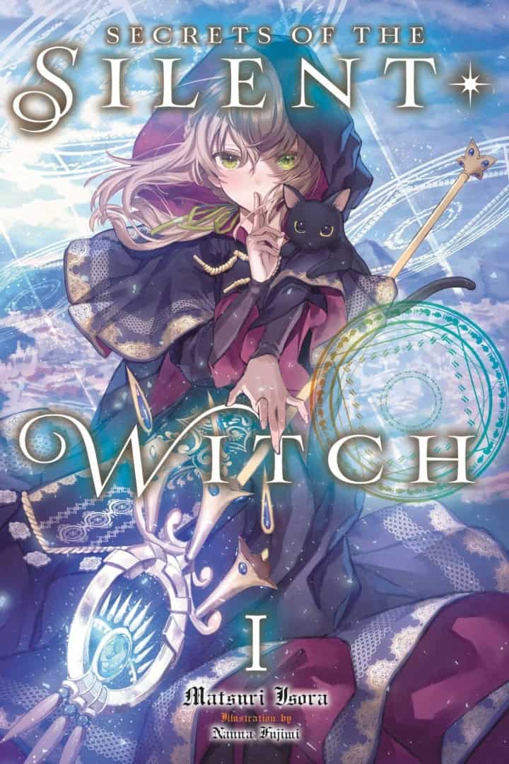 Silent | The Outerhaven Book cover: anime-style girl in a hooded cloak holding a black cat, with magical circles and a staff, and the title 'Secrets of the Silent Watch'