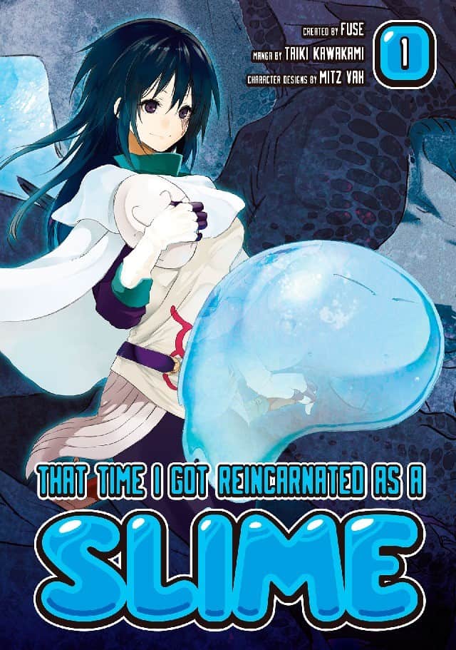 Slime 2 | The Outerhaven Manga cover for 'That Time I Got Reincarnated as a Slime' showing a female character with a white cape and teal outfit, holding a glowing blue slime against a dark background.