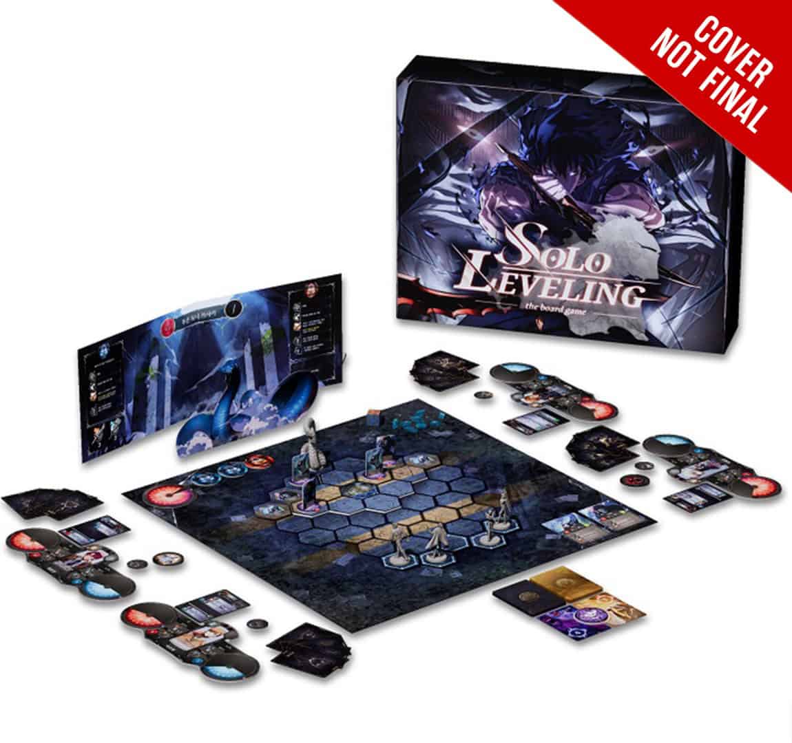 Solo Leveling Board Game | The Outerhaven Boxed tabletop game titled Solo Leveling with a modular map, miniatures, cards, and tokens laid out for play (cover not final).