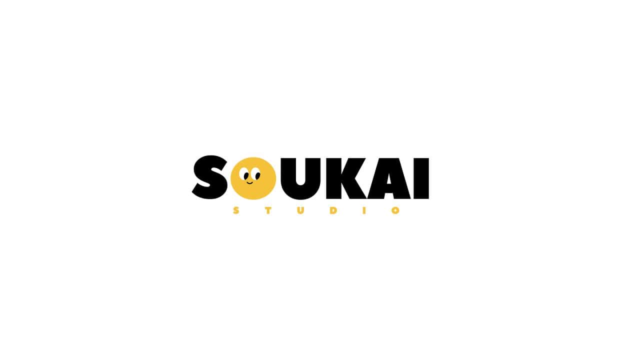 Soukai Studio logo featuring a yellow smiling circle as the 'O' in Soukai with bold black letters and small yellow 'STUDIO' beneath.