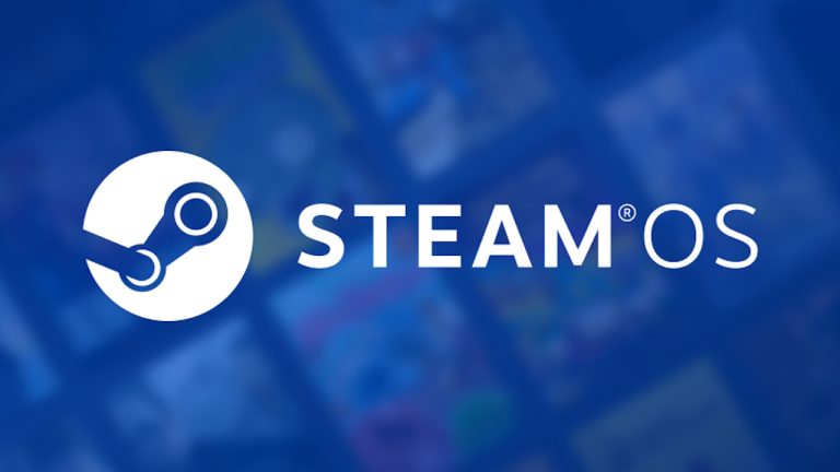 SteamOS logo with white Steam gear icon and the text STEAMOS on a blue blurred background