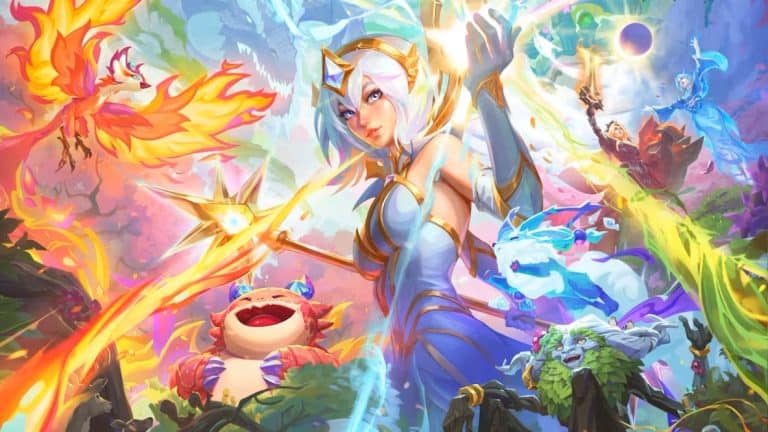 TFT P18 | The Outerhaven Center: blue-armored woman with white hair channels fiery energy with a glowing staff in a bright fantasy battle scene.