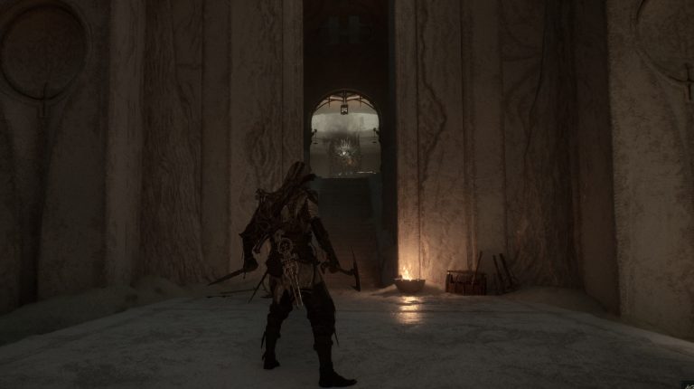 Dark dungeon corridor at night; armored warrior stands before a glowing, spiky relic through an archway.