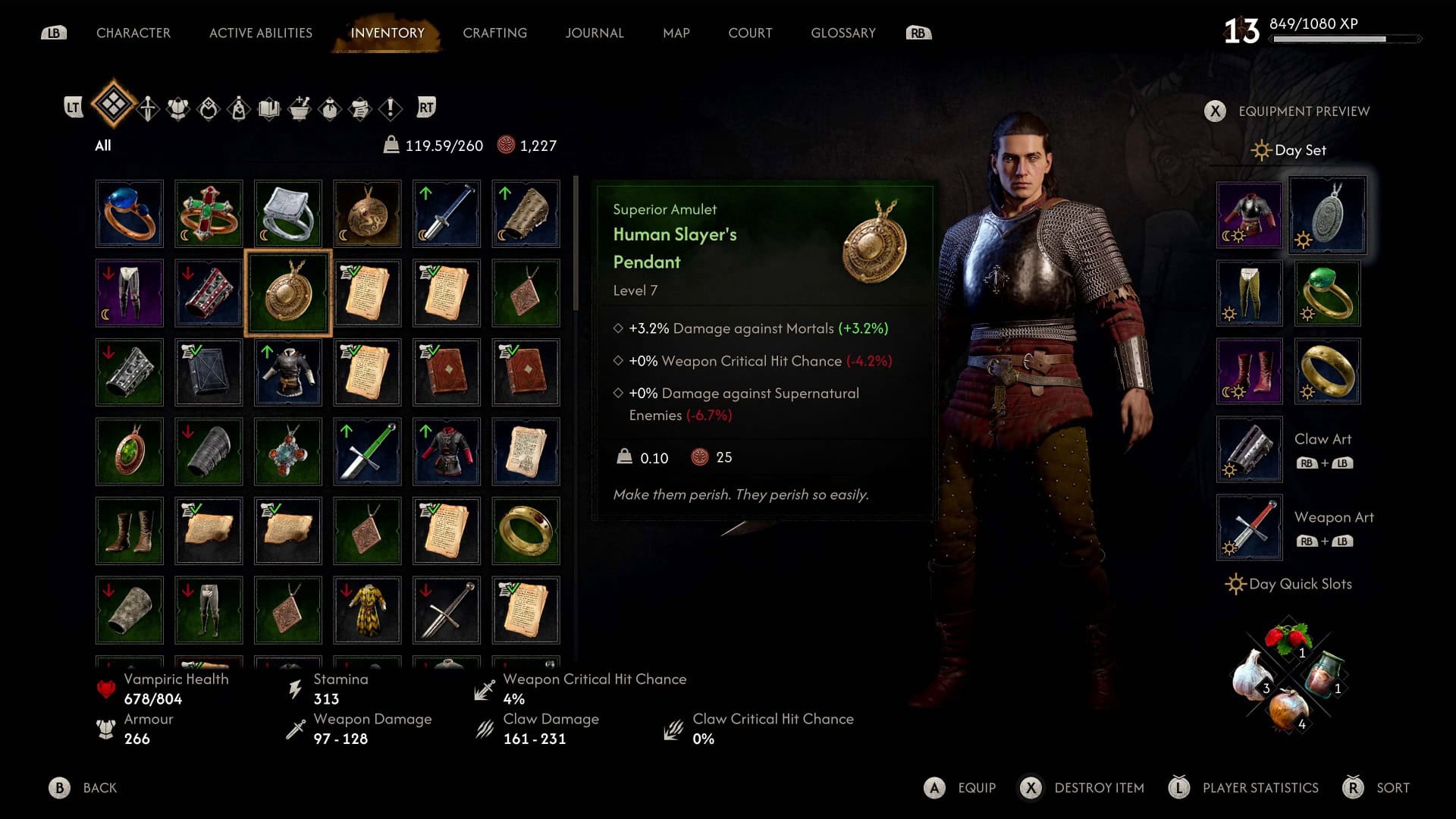 The Blood of Dawnwalker Inventory | The Outerhaven Video game inventory screen showing grid of item icons and a hero on the right with item details panel open.