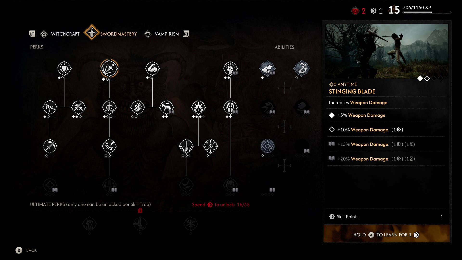 The Blood of Dawnwalker Skill Tree | The Outerhaven Witcher skill tree UI with interconnected ability icons; right panel shows the AnyTime Stinging Blade ability and weapon damage bonuses.