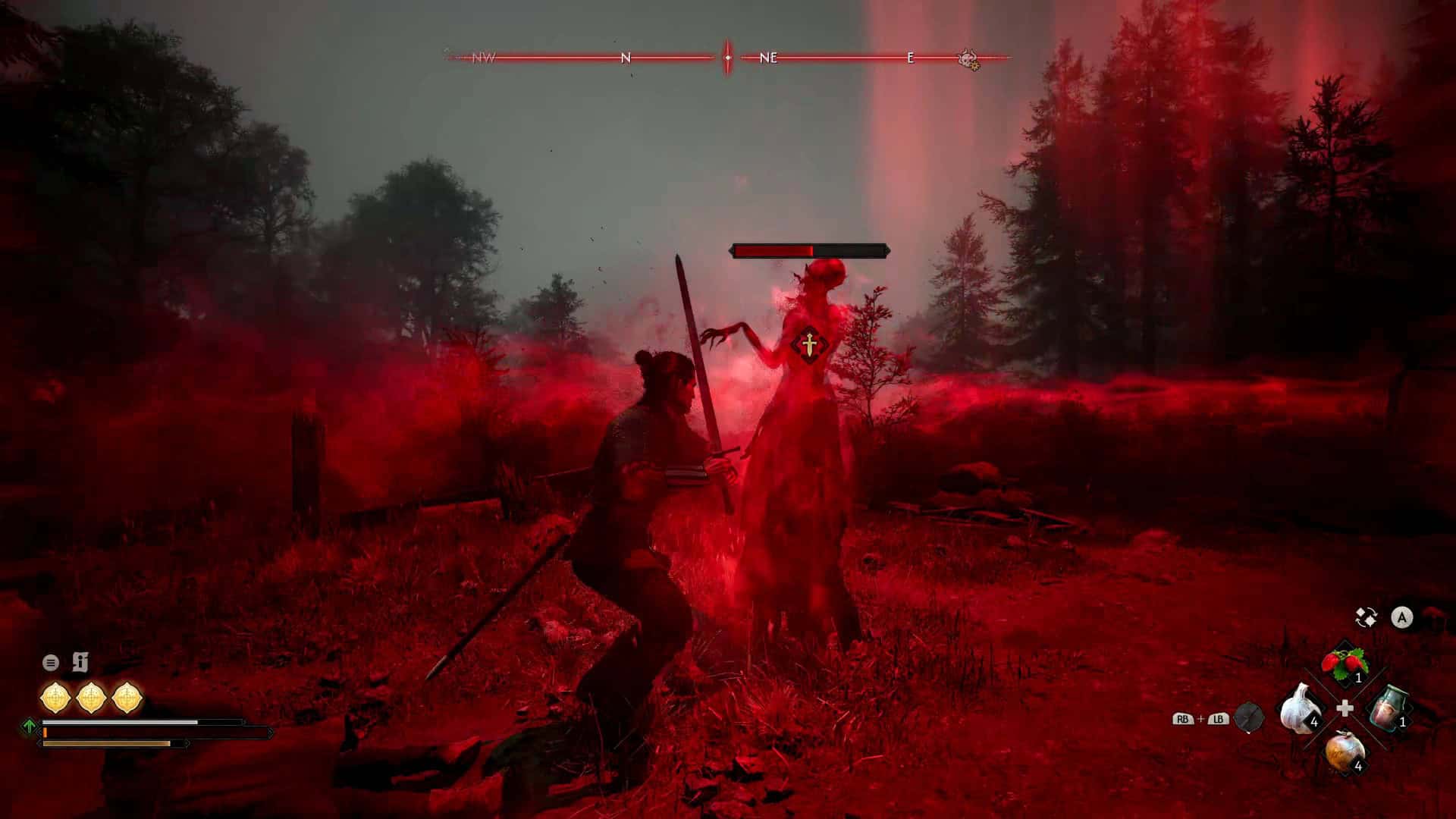 The Blood of Dawnwalker Spectre Fight | The Outerhaven Warrior battles a glowing red specter in a dark forest amid a crimson haze; sword raised, health bar above the foe visible as part of a fantasy action RPG UI.