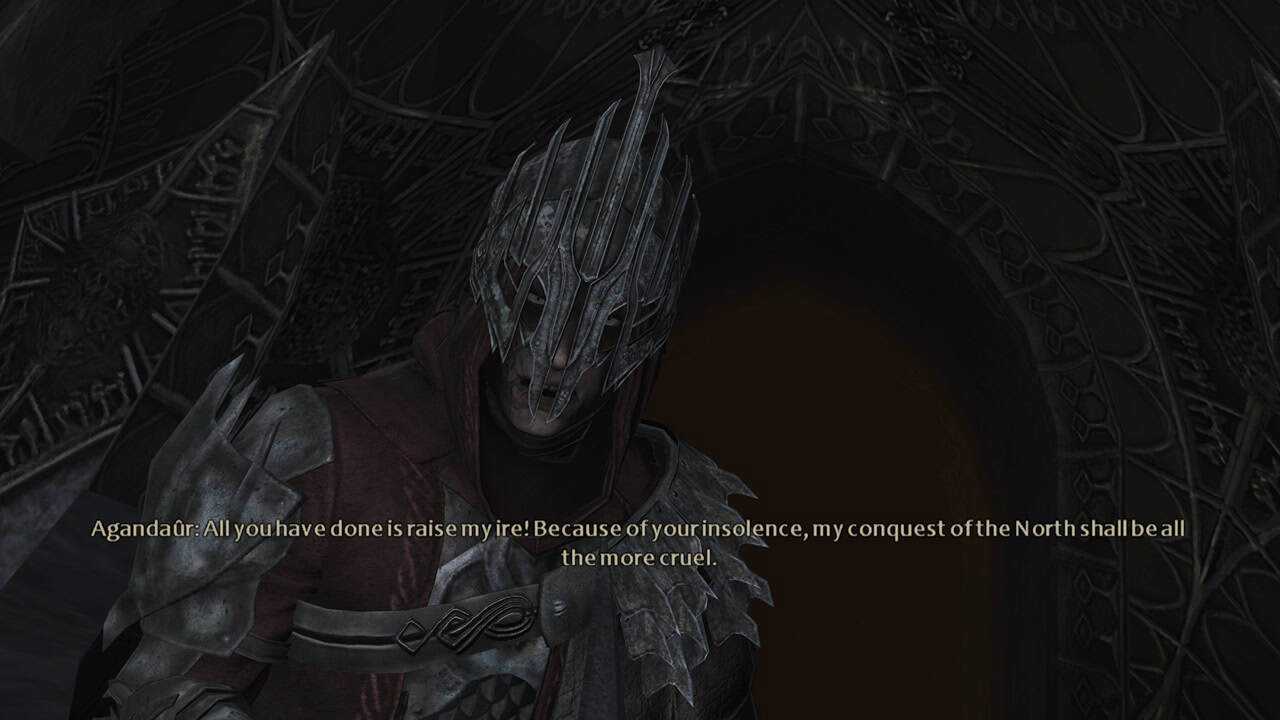 The Lord of the Rings_ War in the North™ - Legacy Edition-BBEG | The Outerhaven Dark, spiked-helmeted armored villain in a dim hall; subtitle taunts about conquering the North.